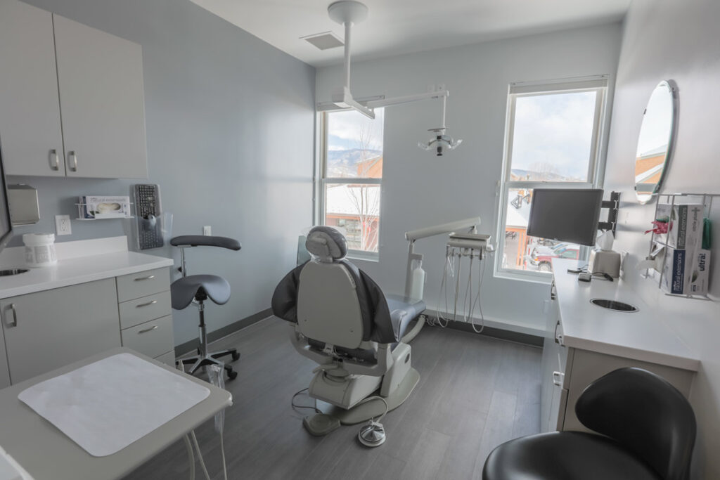 Dental exam room with central chair, overhead light, essential tools, and mountain view through large windows.